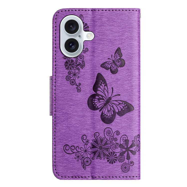 For iPhone 16 Plus Case Butterflies Flower Leather Wallet Flip Phone Cover - Purple