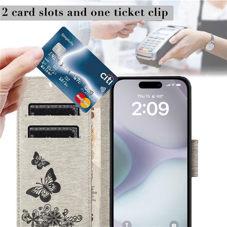 For iPhone 16 Case Butterflies Flower Leather Wallet Flip Phone Cover - Grey