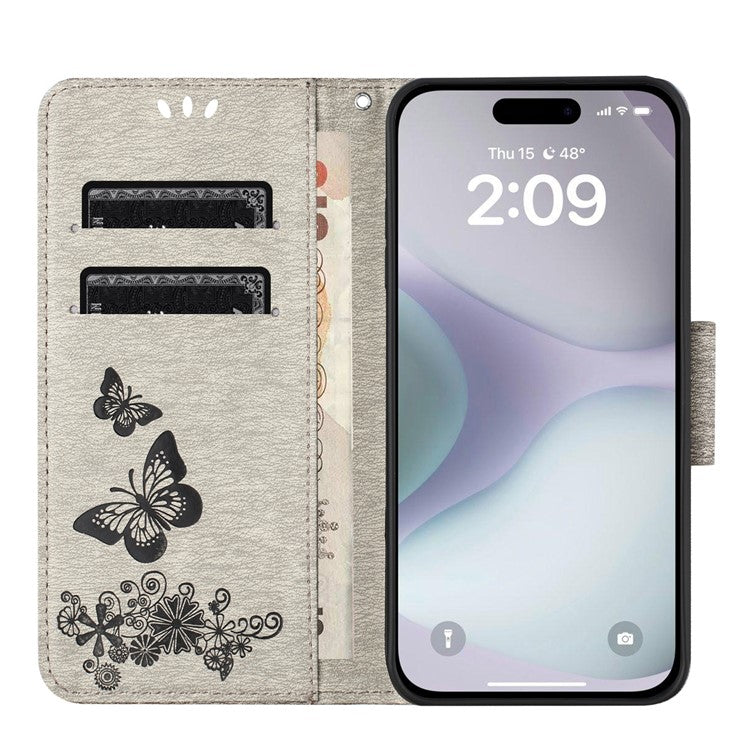 For iPhone 16 Case Butterflies Flower Leather Wallet Flip Phone Cover - Grey