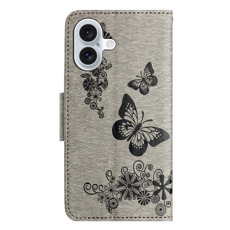 For iPhone 16 Case Butterflies Flower Leather Wallet Flip Phone Cover - Grey