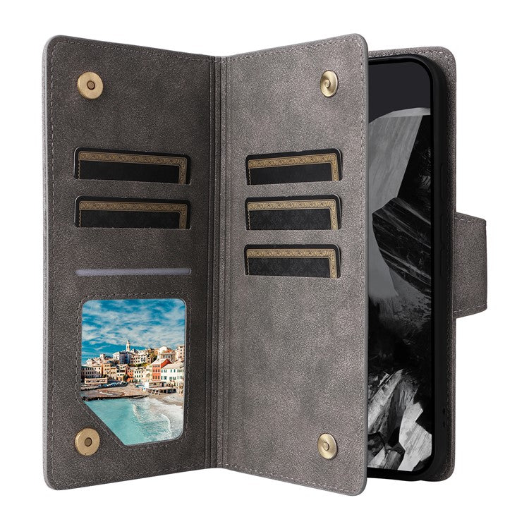 For Google Pixel 9 Pro Case Zipper Wallet Leather Stand Phone Cover Rivet Decor - Grey