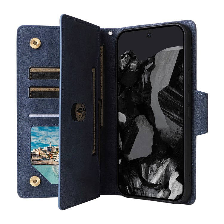 For Google Pixel 9 Pro Case Zipper Wallet Leather Stand Phone Cover Rivet Decor - Blue
