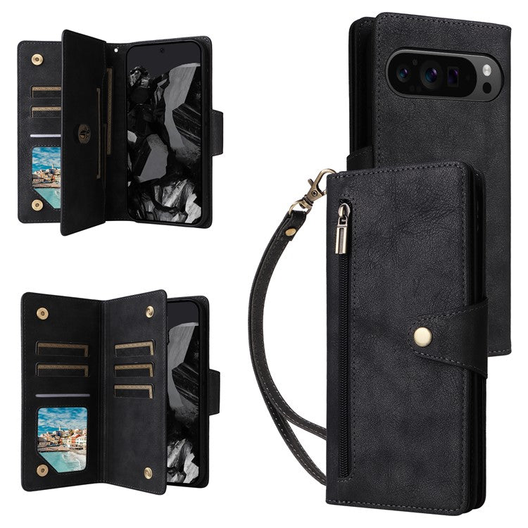For Google Pixel 9 Pro Case Zipper Wallet Leather Stand Phone Cover Rivet Decor - Black