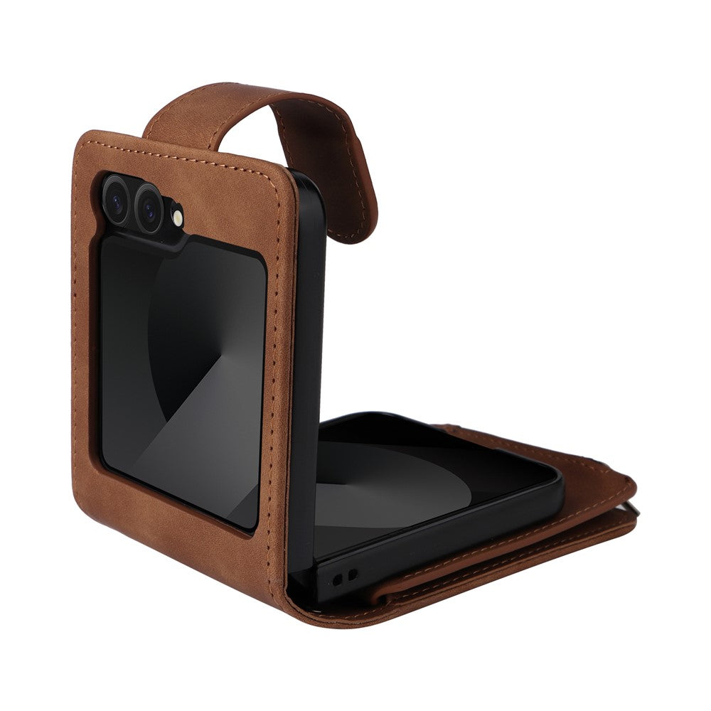 For Samsung Galaxy Z Flip7 FE 5G / Z Flip6 5G Leather Case Zipper Wallet Phone Cover with Shoulder Strap - Brown