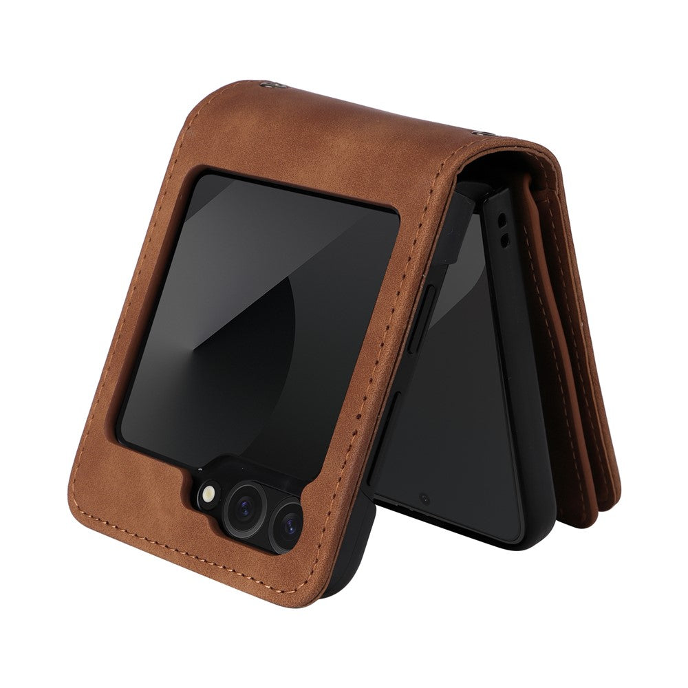 For Samsung Galaxy Z Flip7 FE 5G / Z Flip6 5G Leather Case Zipper Wallet Phone Cover with Shoulder Strap - Brown
