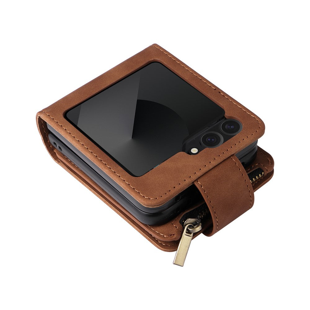 For Samsung Galaxy Z Flip7 FE 5G / Z Flip6 5G Leather Case Zipper Wallet Phone Cover with Shoulder Strap - Brown