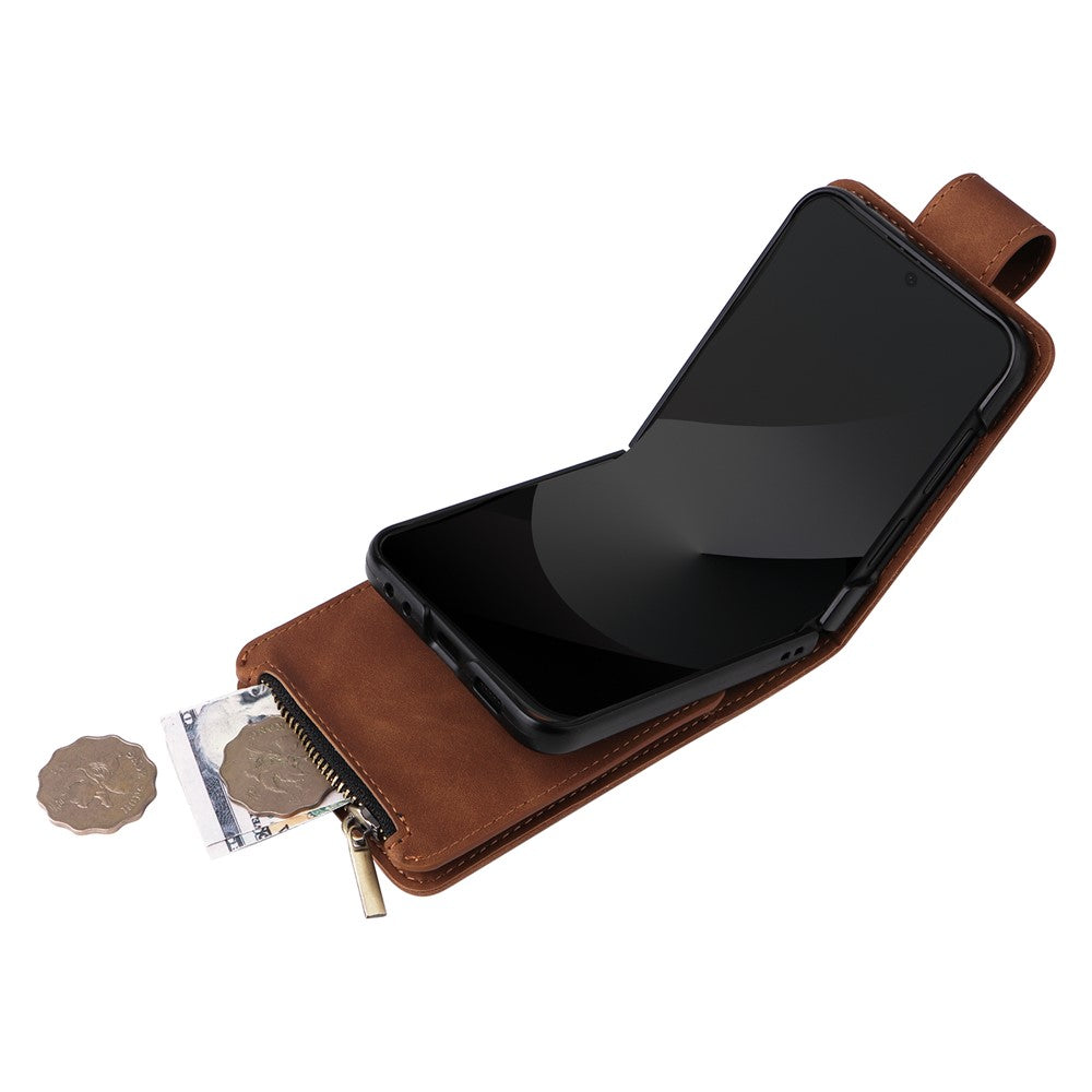 For Samsung Galaxy Z Flip7 FE 5G / Z Flip6 5G Leather Case Zipper Wallet Phone Cover with Shoulder Strap - Brown