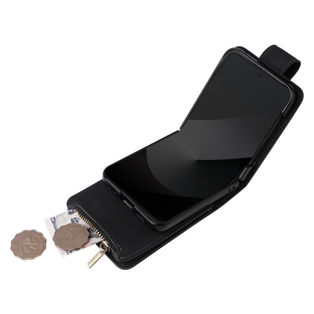 For Samsung Galaxy Z Flip7 FE 5G / Z Flip6 5G Leather Case Zipper Wallet Phone Cover with Shoulder Strap - Black