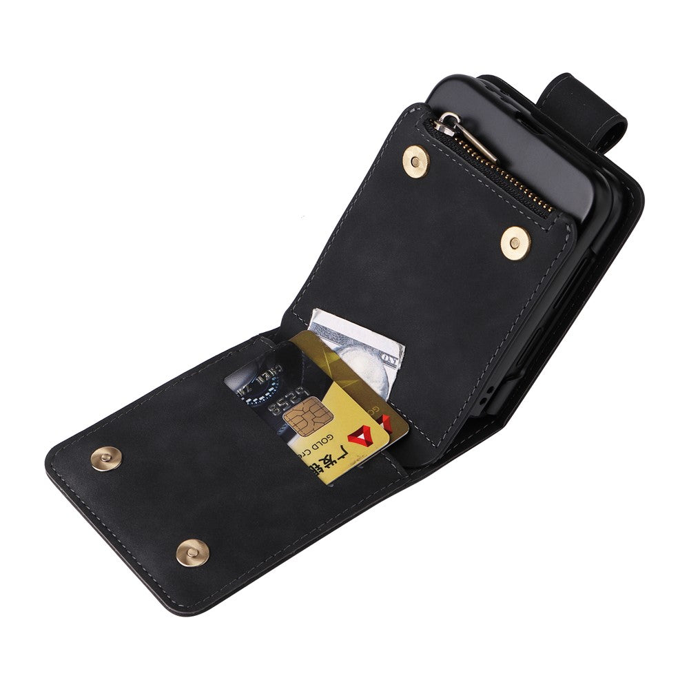 For Samsung Galaxy Z Flip7 FE 5G / Z Flip6 5G Leather Case Zipper Wallet Phone Cover with Shoulder Strap - Black