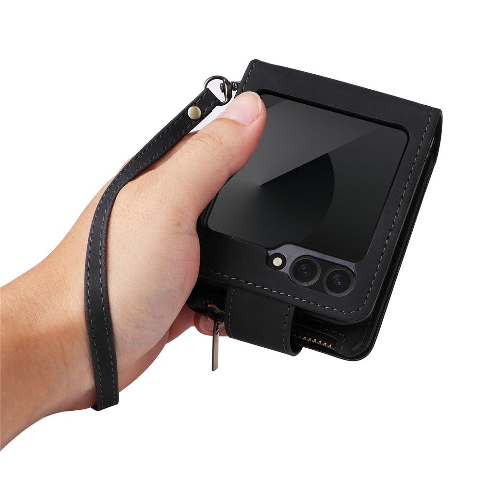 For Samsung Galaxy Z Flip7 FE 5G / Z Flip6 5G Leather Case Zipper Wallet Phone Cover with Shoulder Strap - Black