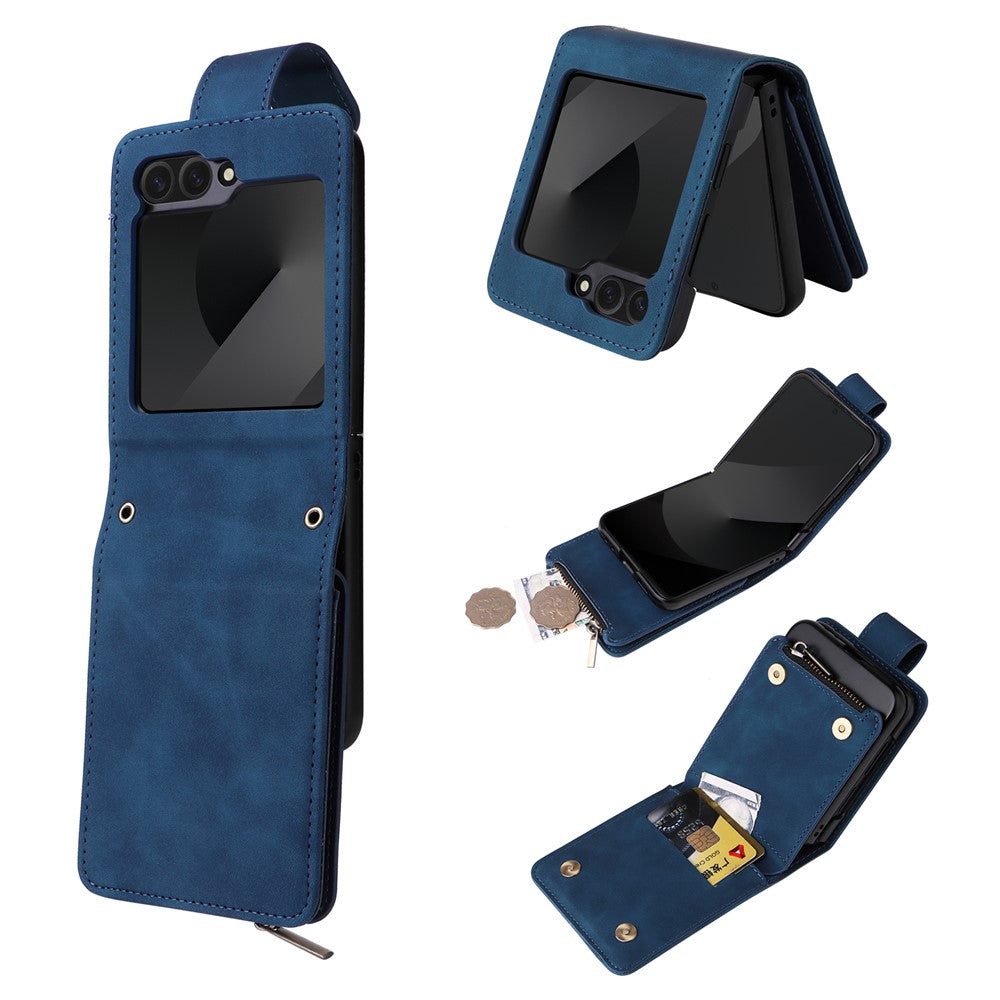 For Samsung Galaxy Z Flip7 FE 5G / Z Flip6 5G Leather Case Zipper Wallet Phone Cover with Shoulder Strap - Blue