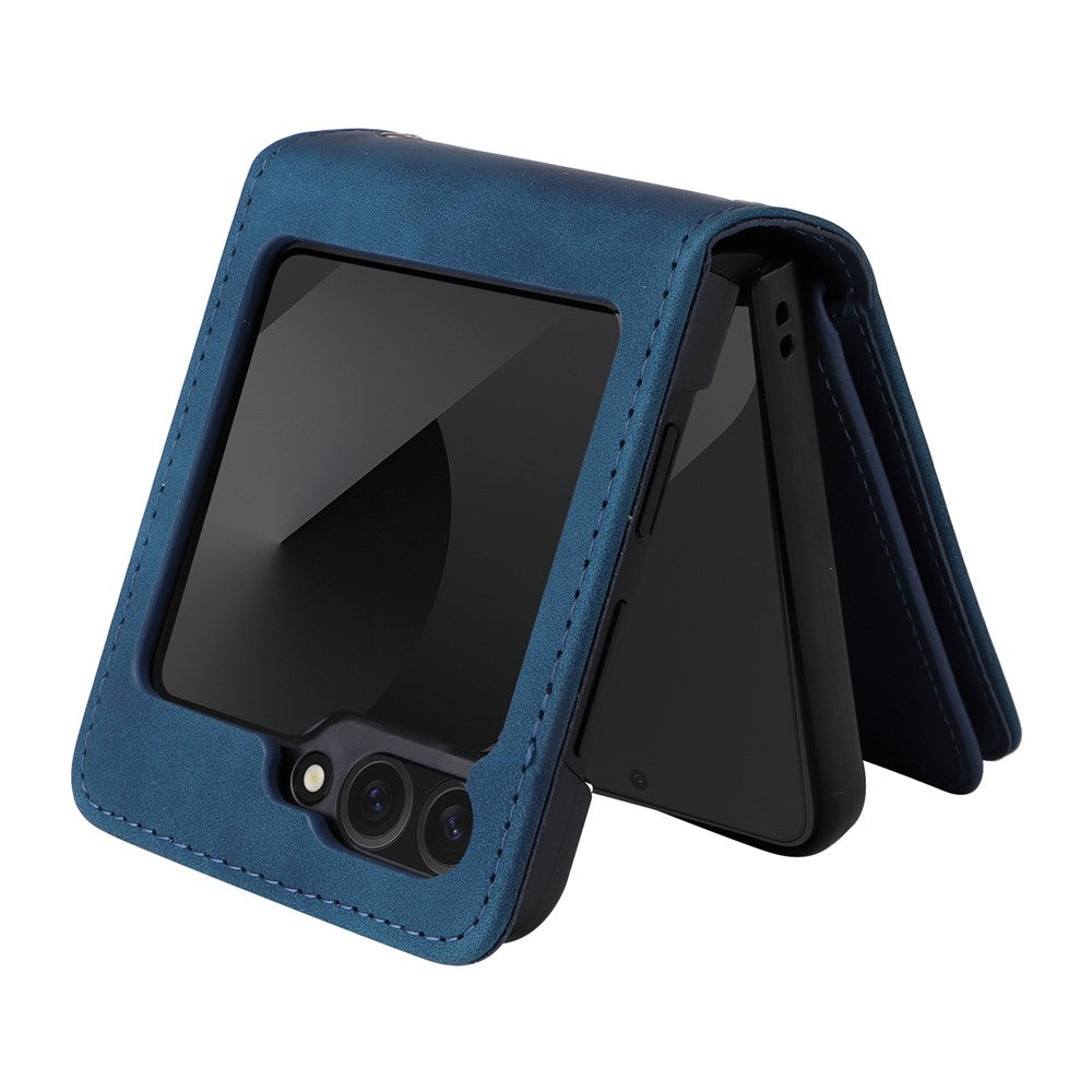 For Samsung Galaxy Z Flip7 FE 5G / Z Flip6 5G Leather Case Zipper Wallet Phone Cover with Shoulder Strap - Blue