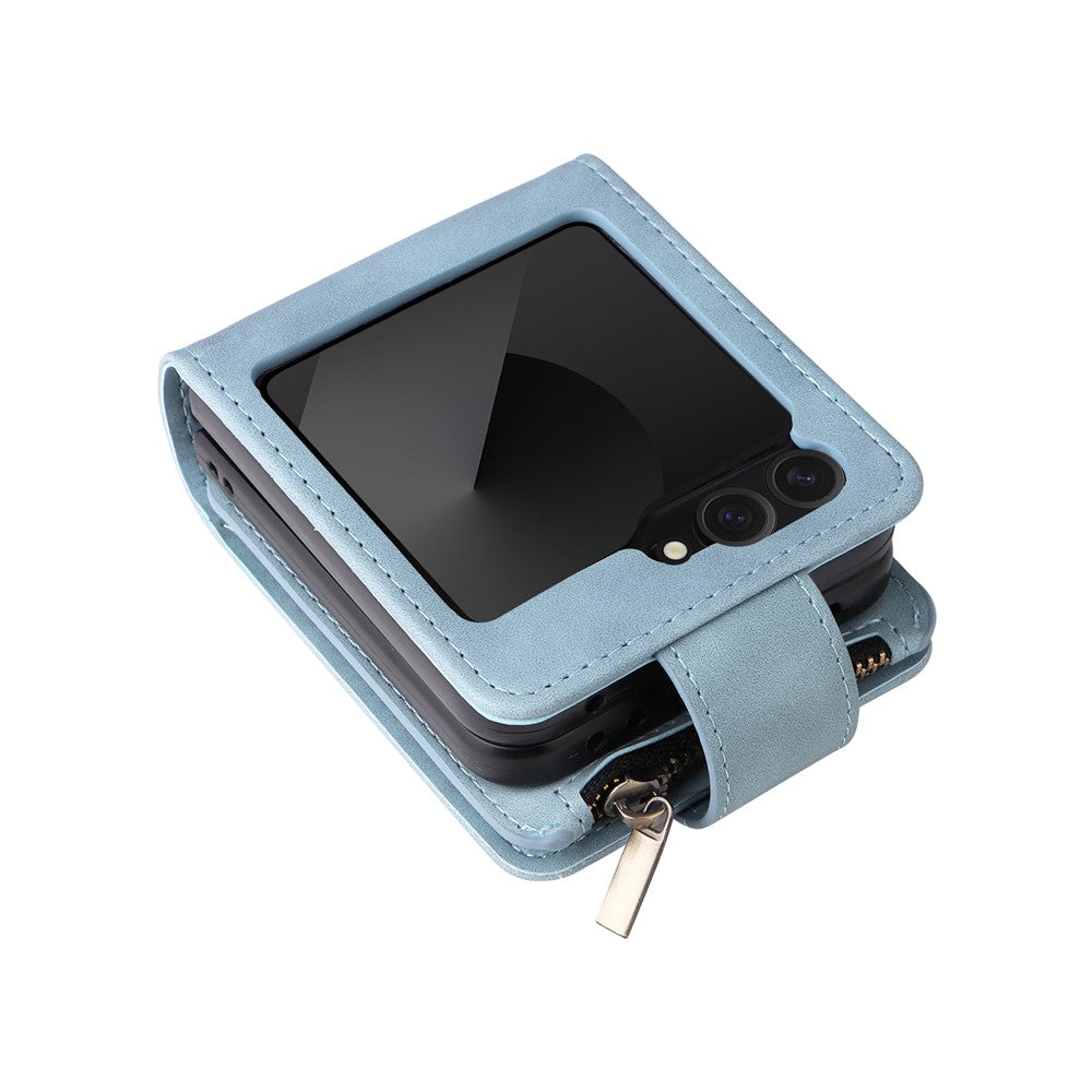 For Samsung Galaxy Z Flip7 FE 5G / Z Flip6 5G Leather Case Zipper Wallet Phone Cover with Shoulder Strap - Sky Blue