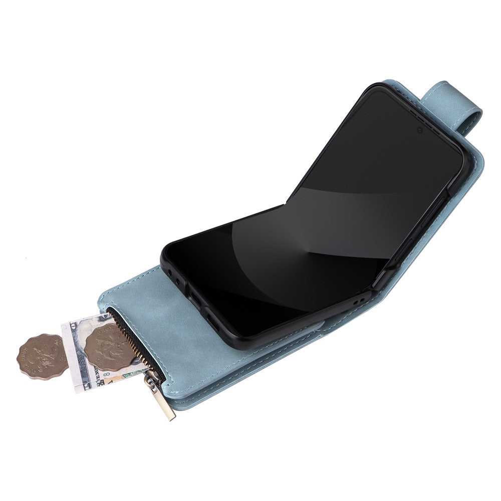 For Samsung Galaxy Z Flip7 FE 5G / Z Flip6 5G Leather Case Zipper Wallet Phone Cover with Shoulder Strap - Sky Blue