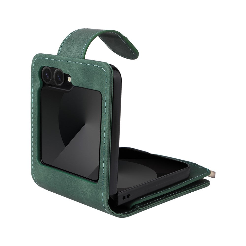 For Samsung Galaxy Z Flip7 FE 5G / Z Flip6 5G Leather Case Zipper Wallet Phone Cover with Shoulder Strap - Green