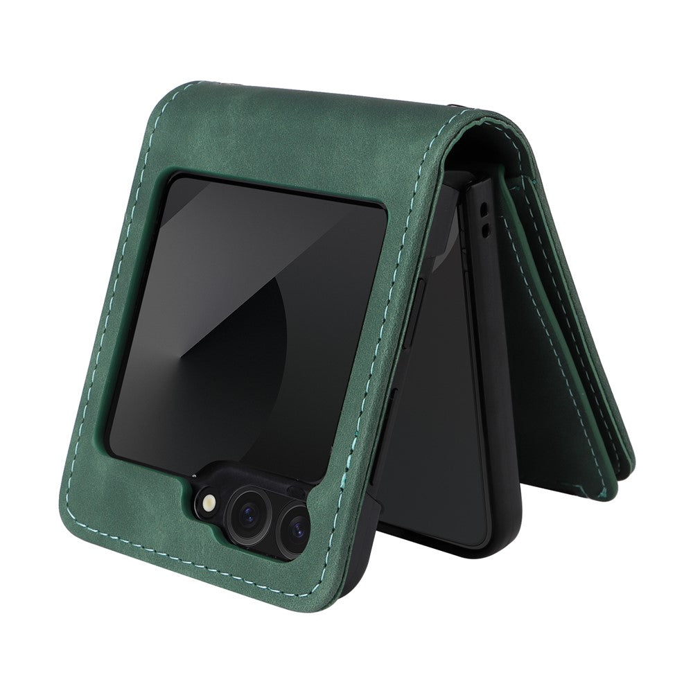 For Samsung Galaxy Z Flip7 FE 5G / Z Flip6 5G Leather Case Zipper Wallet Phone Cover with Shoulder Strap - Green