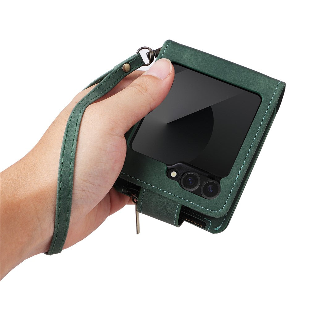 For Samsung Galaxy Z Flip7 FE 5G / Z Flip6 5G Leather Case Zipper Wallet Phone Cover with Shoulder Strap - Green