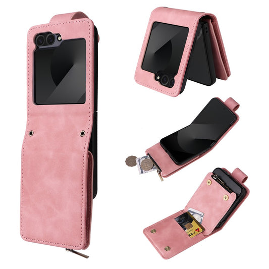 For Samsung Galaxy Z Flip7 FE 5G / Z Flip6 5G Leather Case Zipper Wallet Phone Cover with Shoulder Strap - Pink
