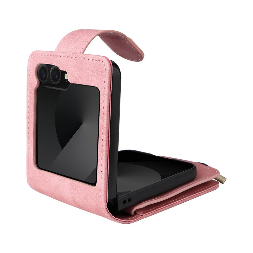 For Samsung Galaxy Z Flip7 FE 5G / Z Flip6 5G Leather Case Zipper Wallet Phone Cover with Shoulder Strap - Pink
