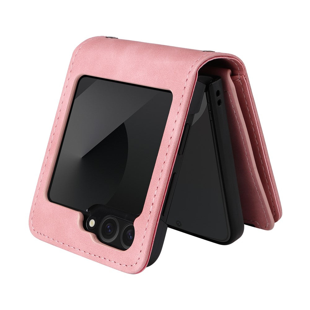 For Samsung Galaxy Z Flip7 FE 5G / Z Flip6 5G Leather Case Zipper Wallet Phone Cover with Shoulder Strap - Pink