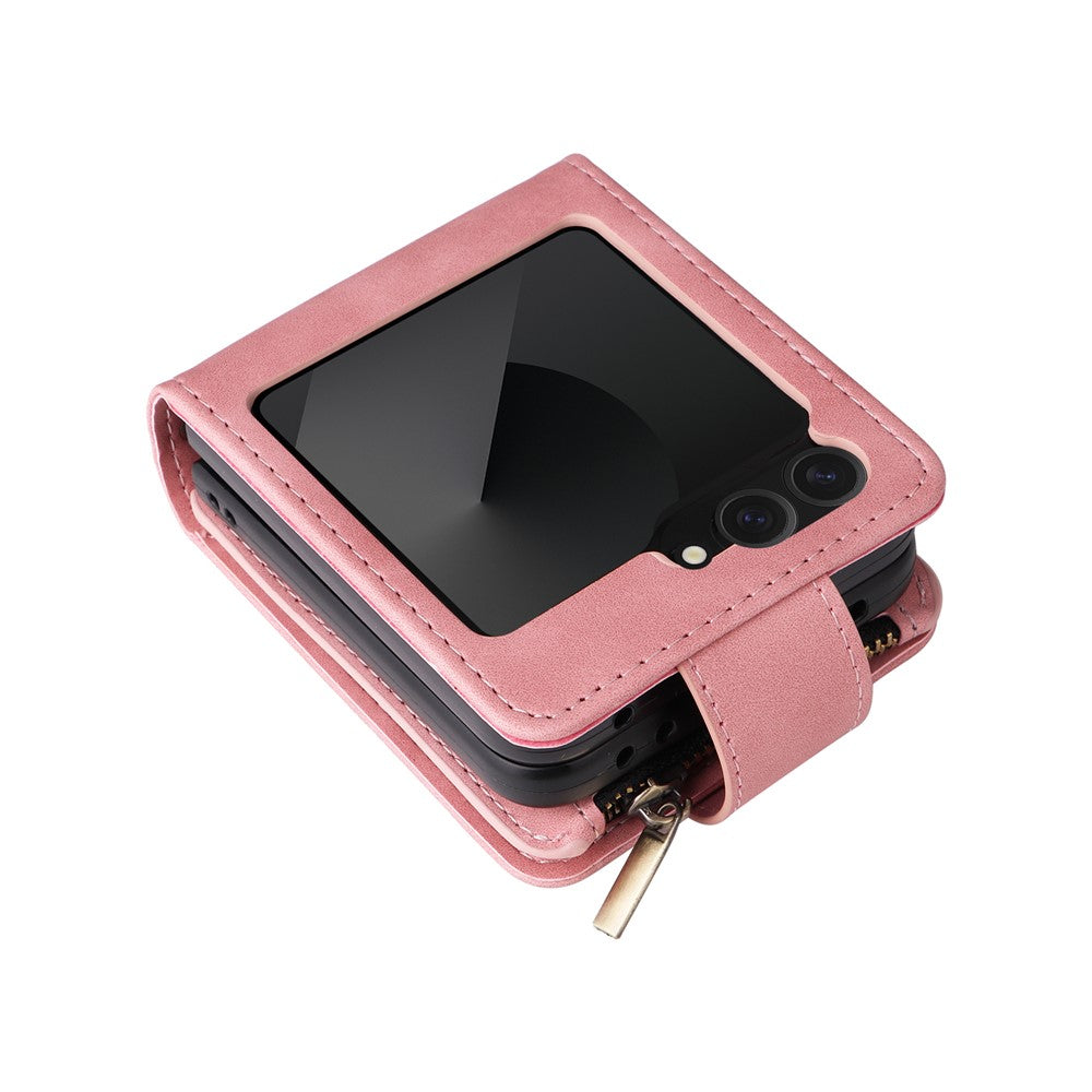 For Samsung Galaxy Z Flip7 FE 5G / Z Flip6 5G Leather Case Zipper Wallet Phone Cover with Shoulder Strap - Pink