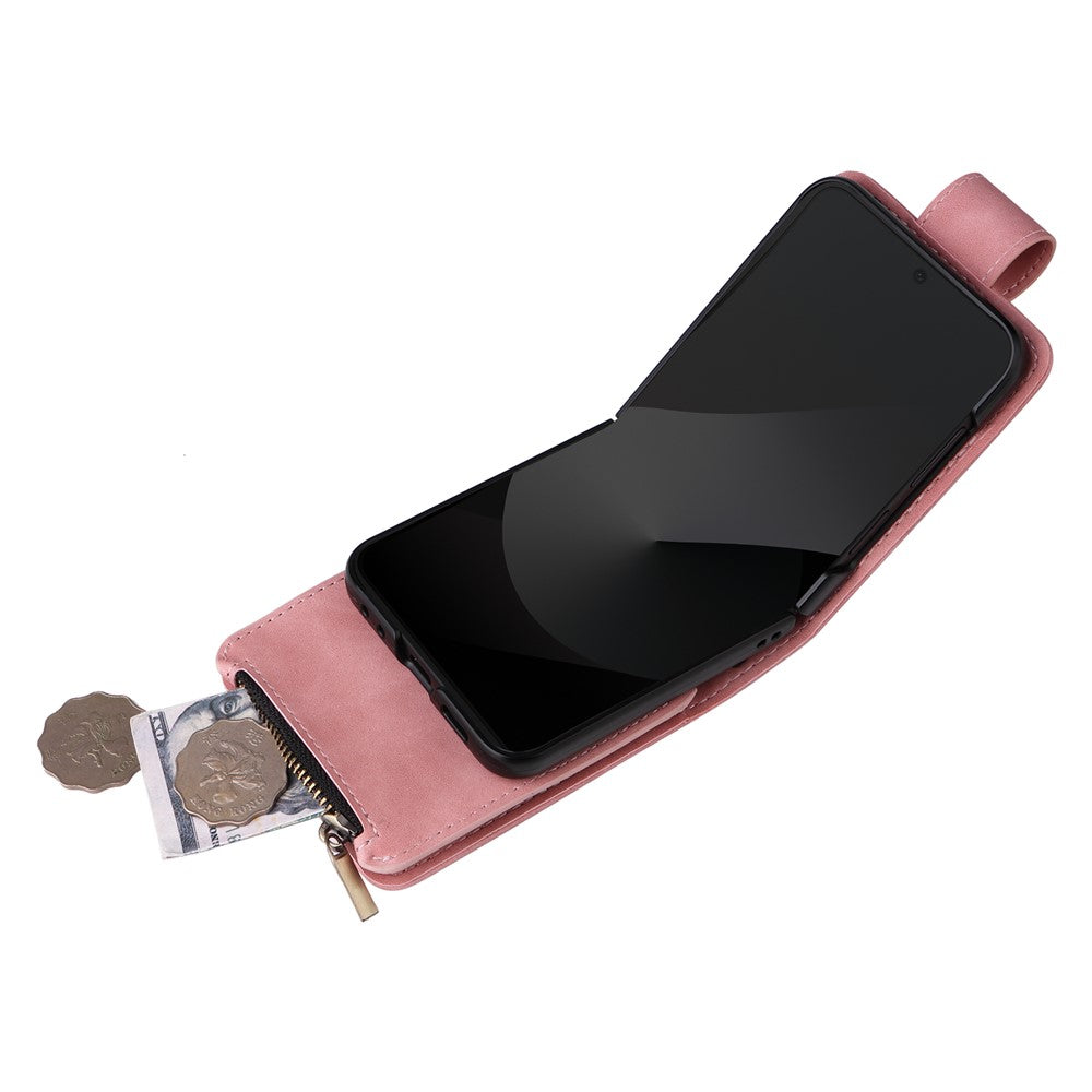 For Samsung Galaxy Z Flip7 FE 5G / Z Flip6 5G Leather Case Zipper Wallet Phone Cover with Shoulder Strap - Pink