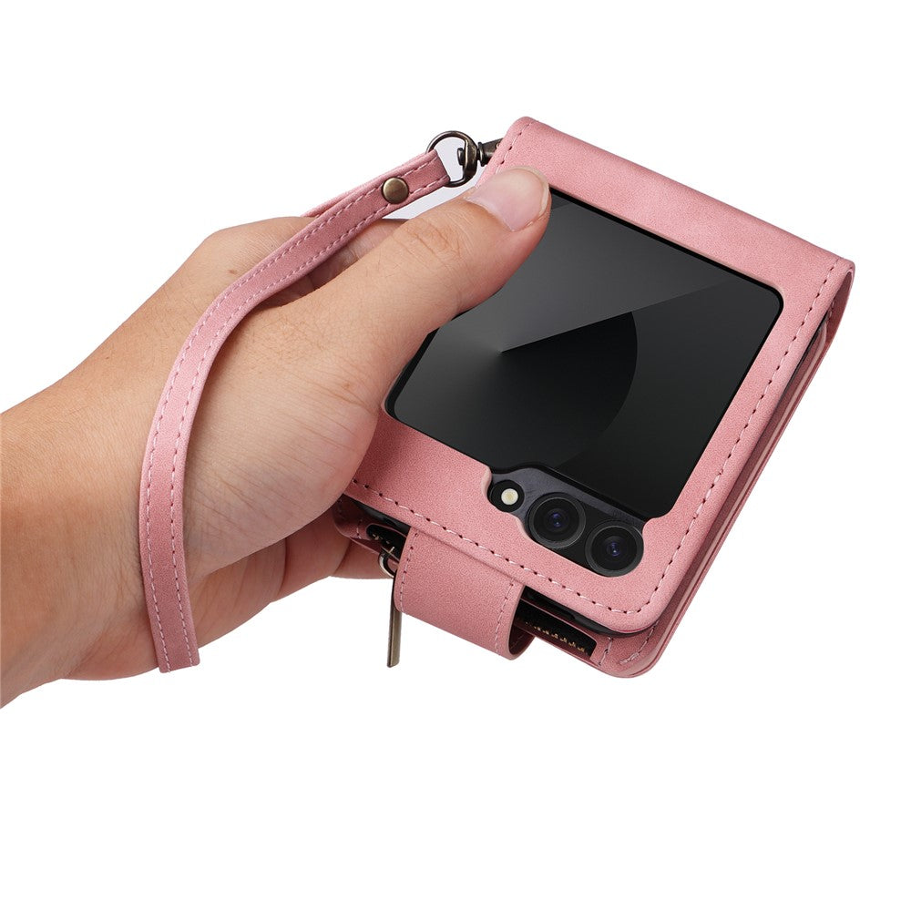 For Samsung Galaxy Z Flip7 FE 5G / Z Flip6 5G Leather Case Zipper Wallet Phone Cover with Shoulder Strap - Pink