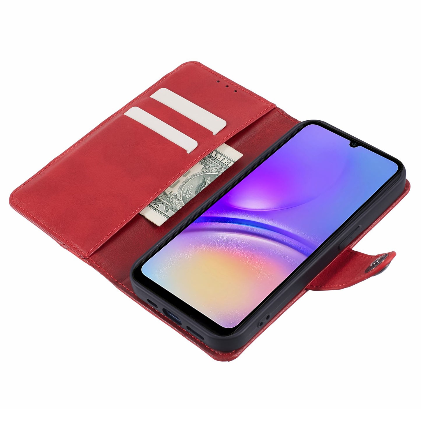 For Samsung Galaxy A06 Case Wallet Leather Phone Cover Crazy Horse Texture+Jeans Cloth Texture - Red