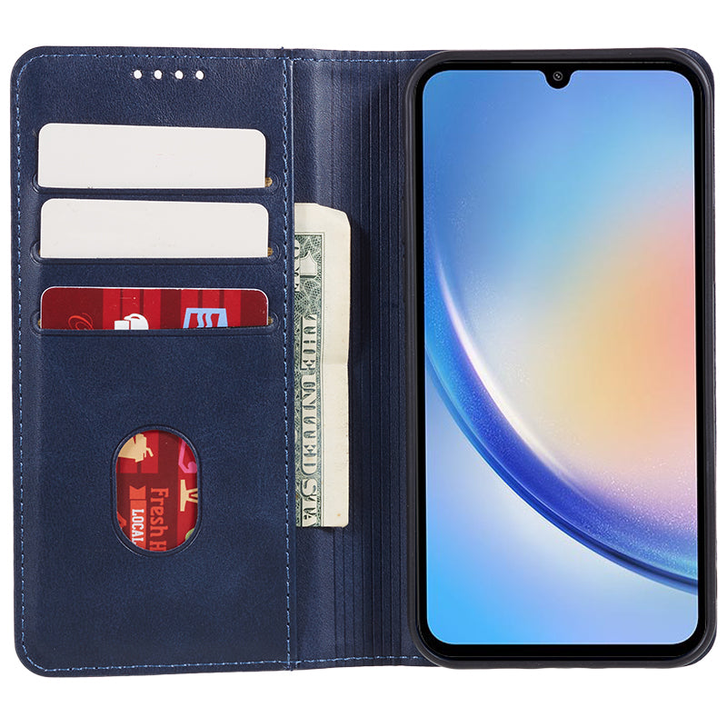 For Samsung Galaxy A06 Case Leather Wallet Phone Cover Calf Texture Hidden Magnetic Closure - Blue