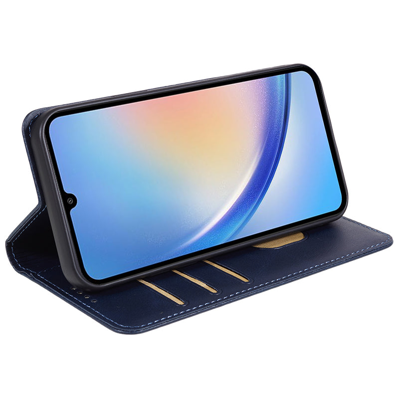 For Samsung Galaxy A06 Case Leather Wallet Phone Cover Calf Texture Hidden Magnetic Closure - Blue
