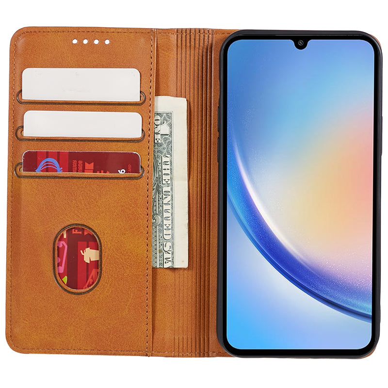 For Samsung Galaxy A06 Case Leather Wallet Phone Cover Calf Texture Hidden Magnetic Closure - Khaki
