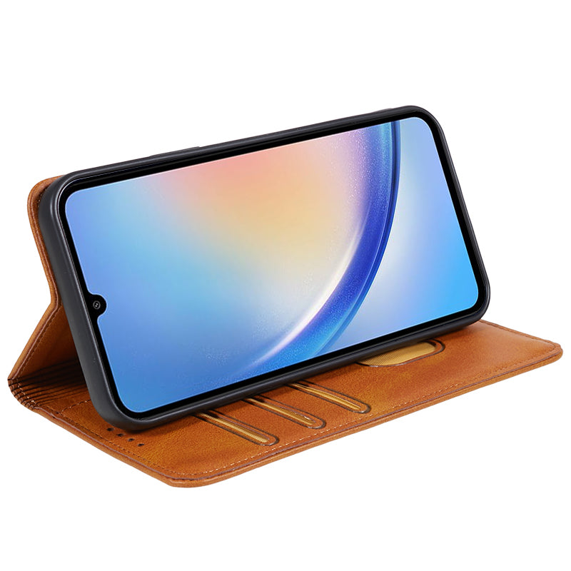 For Samsung Galaxy A06 Case Leather Wallet Phone Cover Calf Texture Hidden Magnetic Closure - Khaki