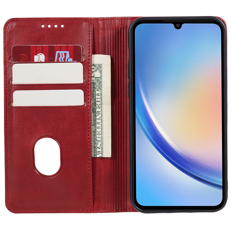 For Samsung Galaxy A06 Case Leather Wallet Phone Cover Calf Texture Hidden Magnetic Closure - Red