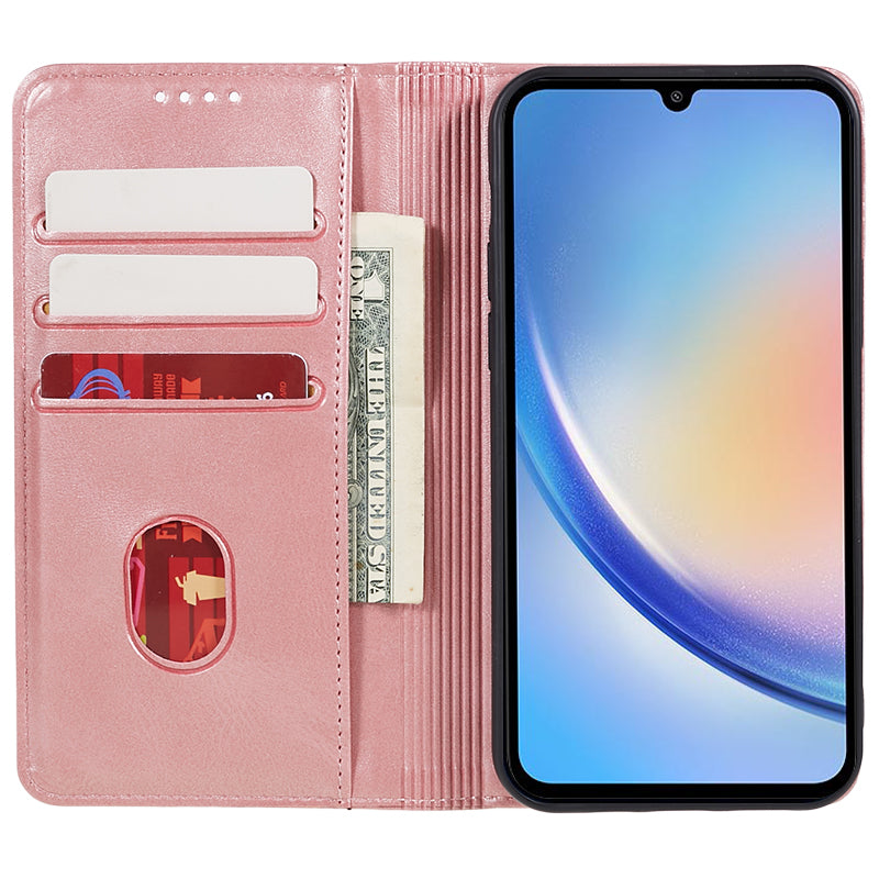 For Samsung Galaxy A06 Case Leather Wallet Phone Cover Calf Texture Hidden Magnetic Closure - Rose Gold