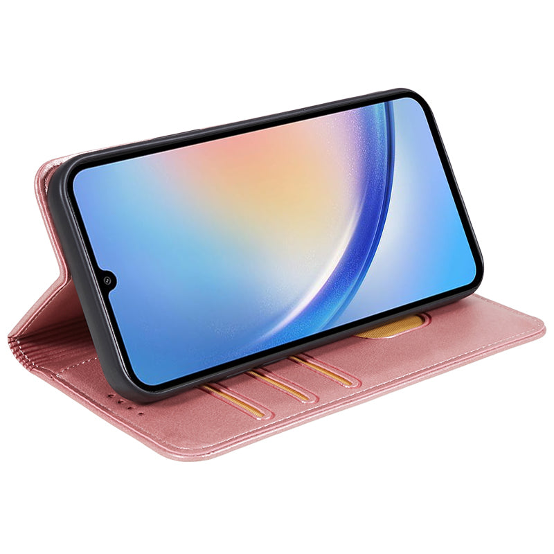 For Samsung Galaxy A06 Case Leather Wallet Phone Cover Calf Texture Hidden Magnetic Closure - Rose Gold