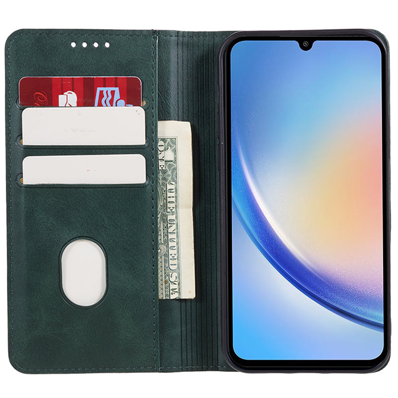 For Samsung Galaxy A06 Case Leather Wallet Phone Cover Calf Texture Hidden Magnetic Closure - Green