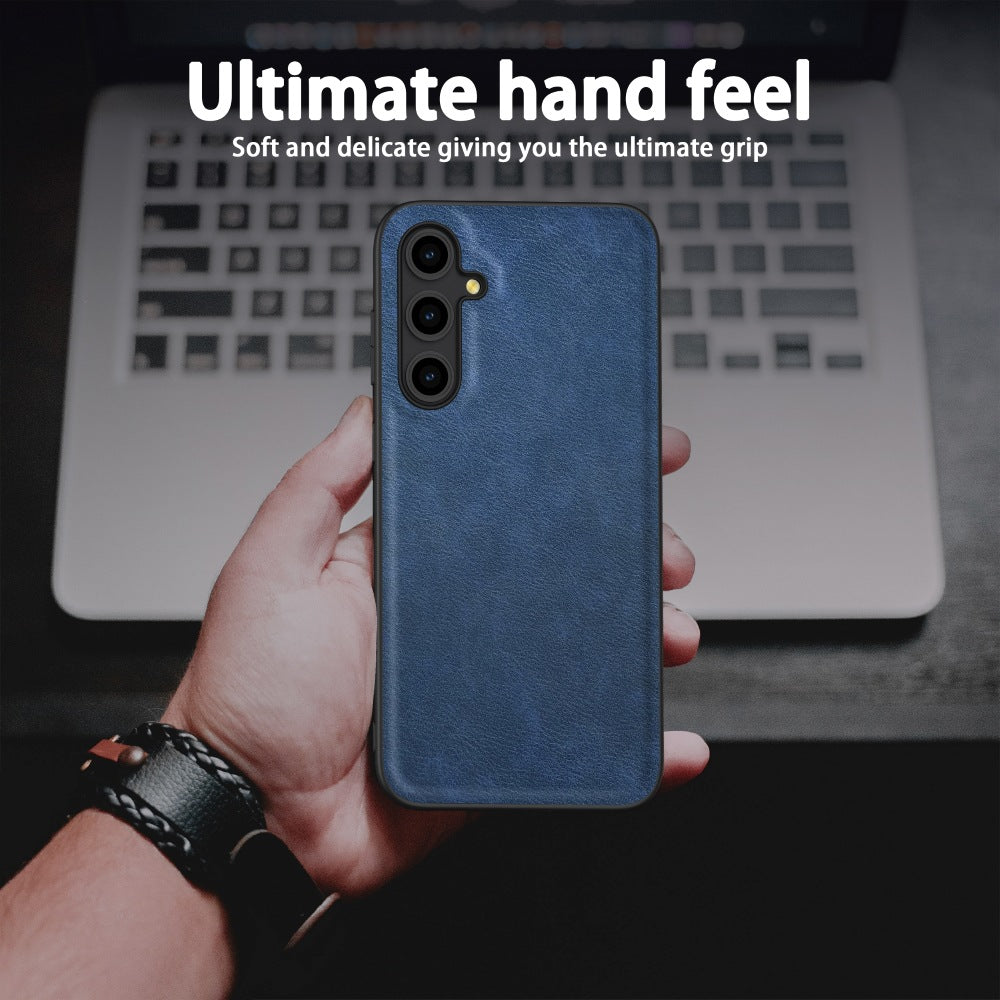 For Samsung Galaxy A16 5G / A16 4G Case Retro Leather Coated PC+TPU Anti-Shock Phone Cover - Blue