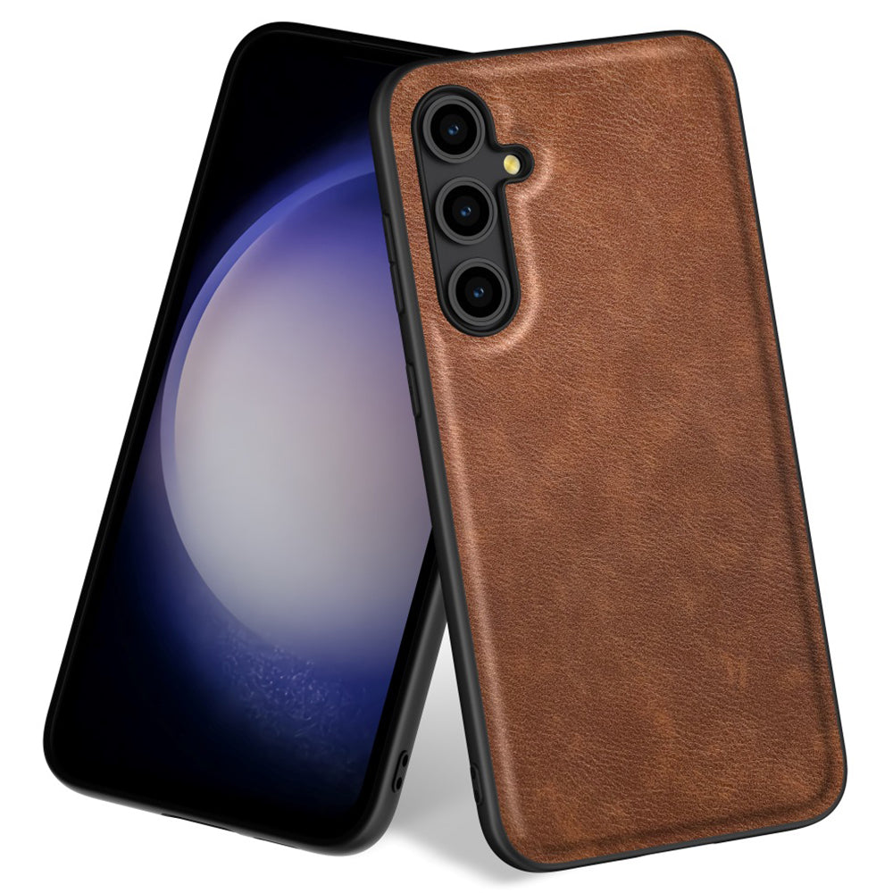 For Samsung Galaxy A16 5G / A16 4G Case Retro Leather Coated PC+TPU Anti-Shock Phone Cover - Brown