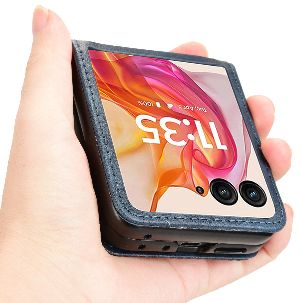 For Motorola Razr 50 Ultra 5G / Razr+ 2024 5G Case Card Holder Retro Leather+PC Phone Cover - Blue