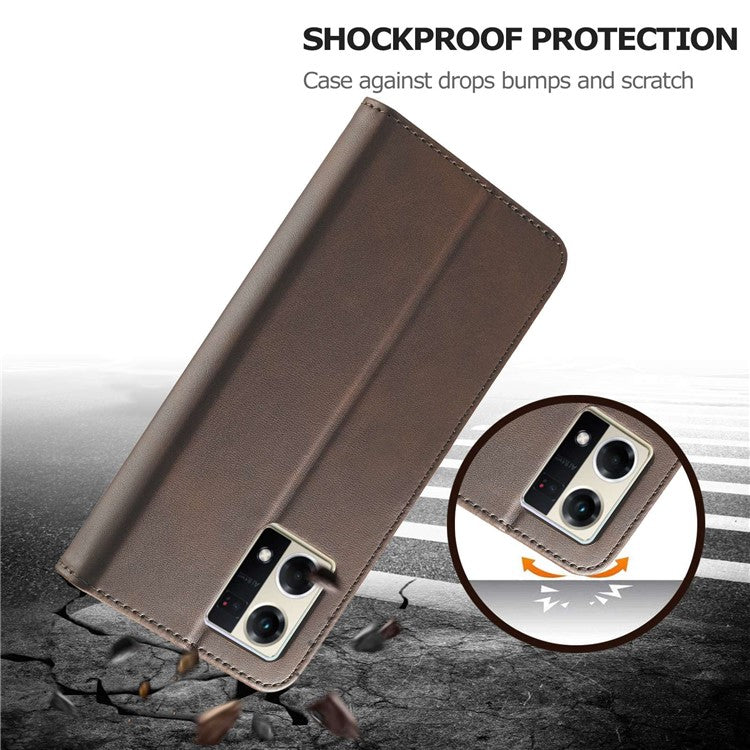 LC.IMEEKE For Oppo Reno8 5G (Global Version) Wallet Case PU Leather Stand Magnetic Closure Flip Folio Phone Cover - Brown