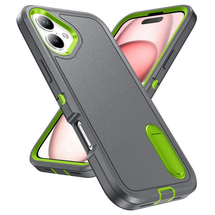 For iPhone 16 Case PC+Silicone+EVA Kickstand Drop-proof Phone Cover - Grey+Green