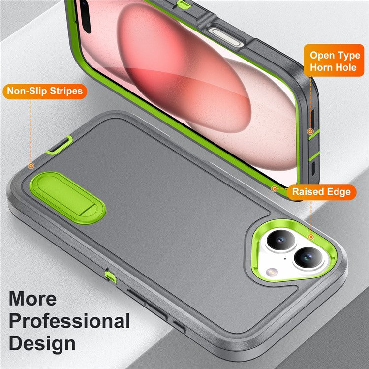 For iPhone 16 Case PC+Silicone+EVA Kickstand Drop-proof Phone Cover - Grey+Green