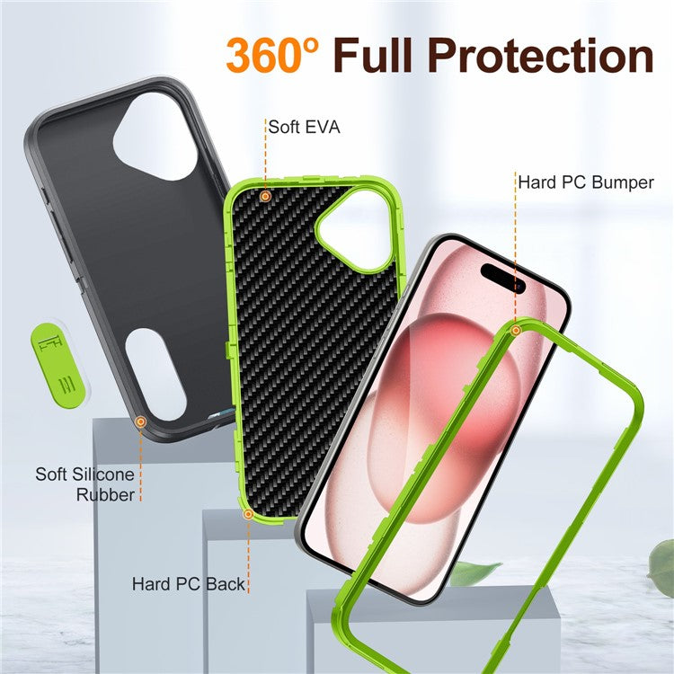 For iPhone 16 Case PC+Silicone+EVA Kickstand Drop-proof Phone Cover - Grey+Green