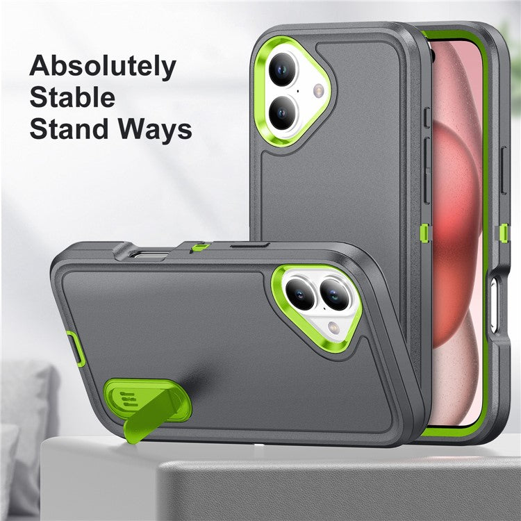 For iPhone 16 Case PC+Silicone+EVA Kickstand Drop-proof Phone Cover - Grey+Green