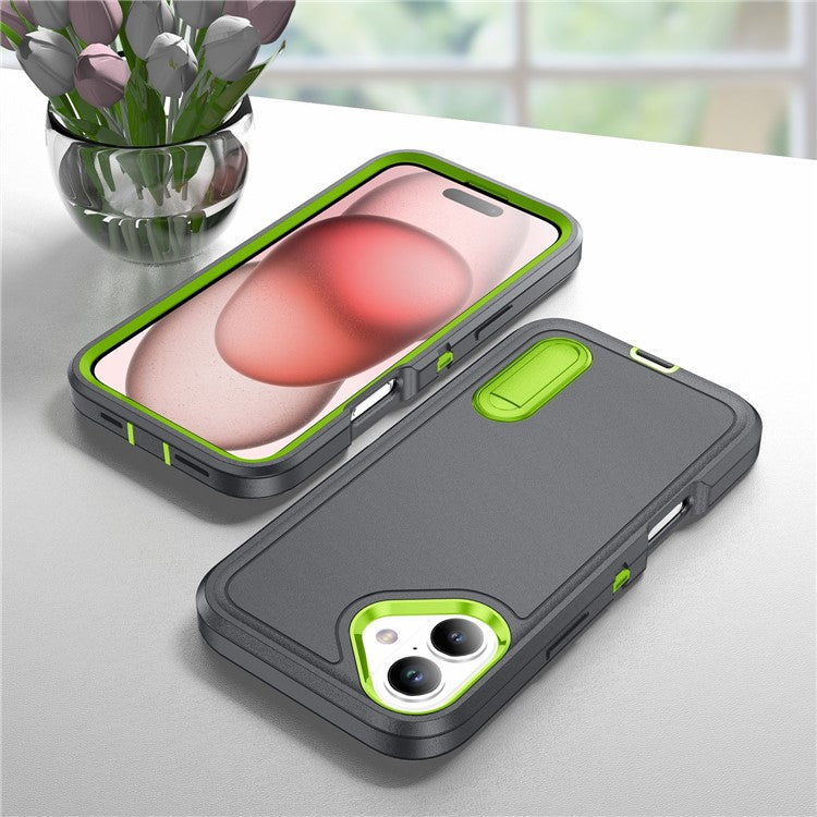 For iPhone 16 Case PC+Silicone+EVA Kickstand Drop-proof Phone Cover - Grey+Green