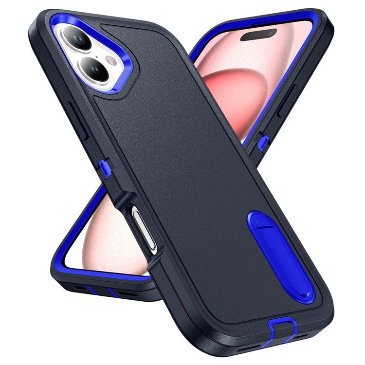For iPhone 16 Case PC+Silicone+EVA Kickstand Drop-proof Phone Cover - Dark Blue+Sapphire