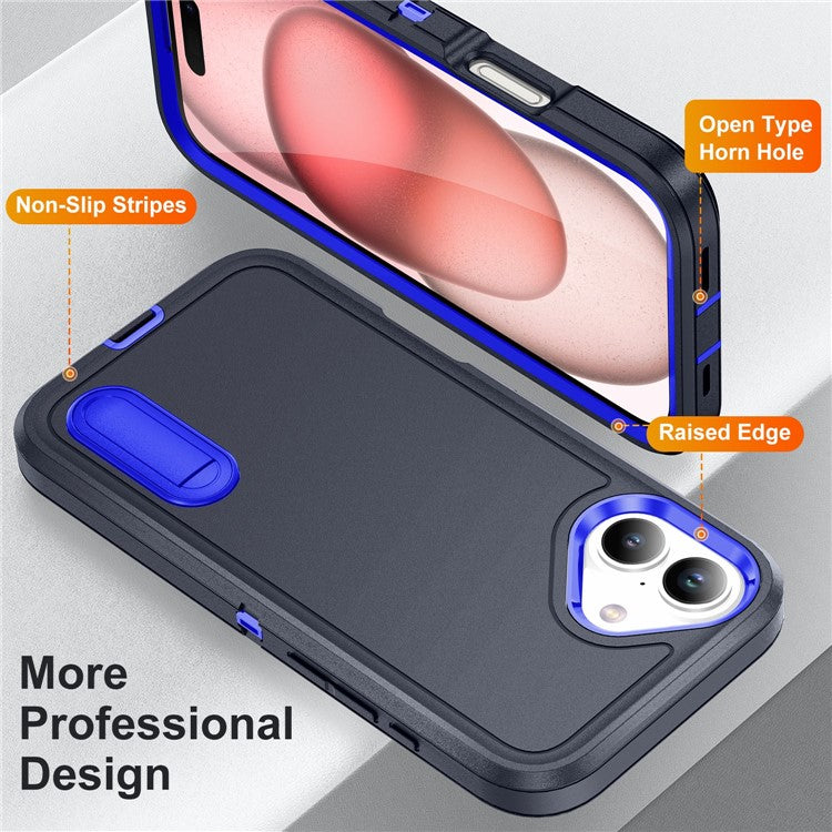 For iPhone 16 Case PC+Silicone+EVA Kickstand Drop-proof Phone Cover - Dark Blue+Sapphire