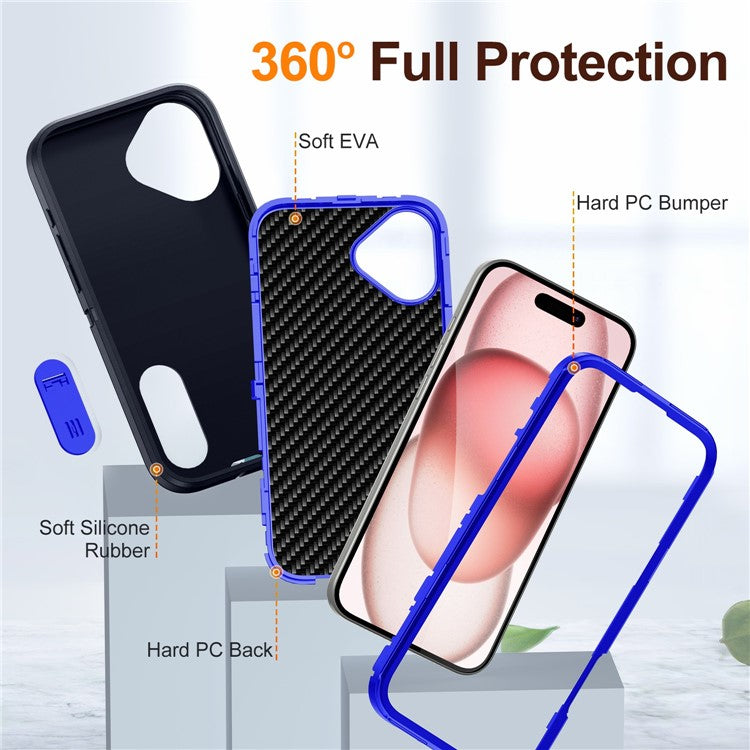 For iPhone 16 Case PC+Silicone+EVA Kickstand Drop-proof Phone Cover - Dark Blue+Sapphire