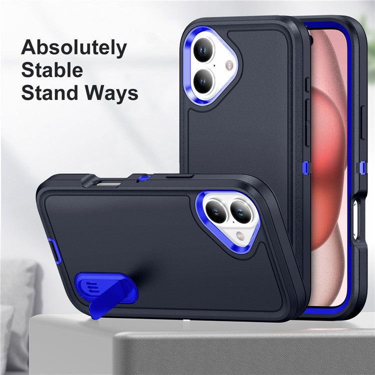 For iPhone 16 Case PC+Silicone+EVA Kickstand Drop-proof Phone Cover - Dark Blue+Sapphire