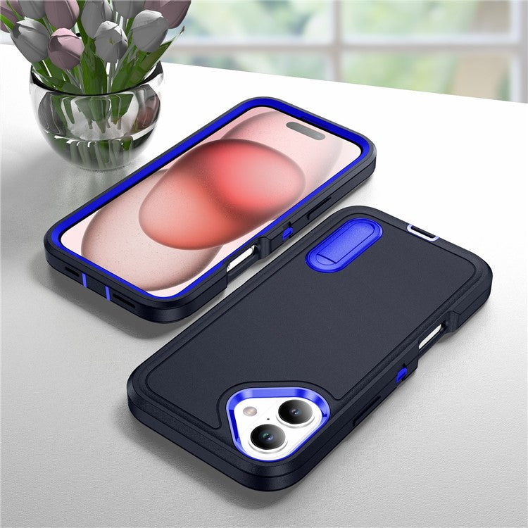 For iPhone 16 Case PC+Silicone+EVA Kickstand Drop-proof Phone Cover - Dark Blue+Sapphire